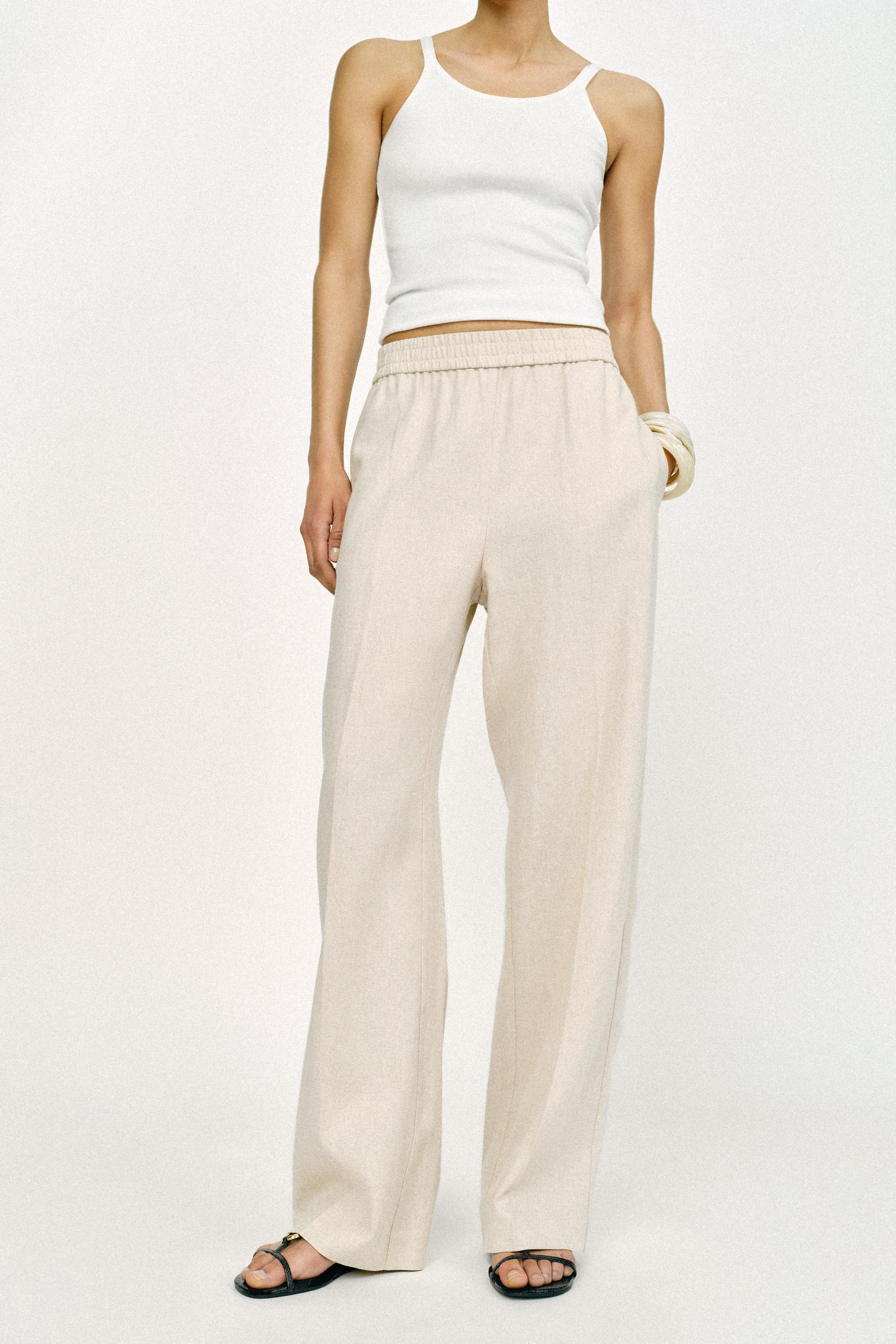 LINEN STRAIGHT LEG PANTS — Light beige