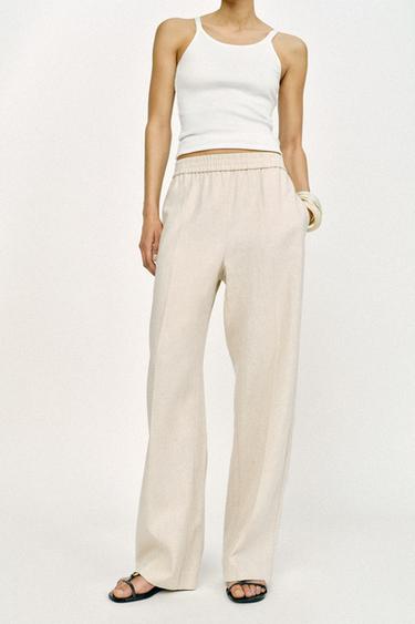 LINEN STRAIGHT LEG PANTS — Light beige 2