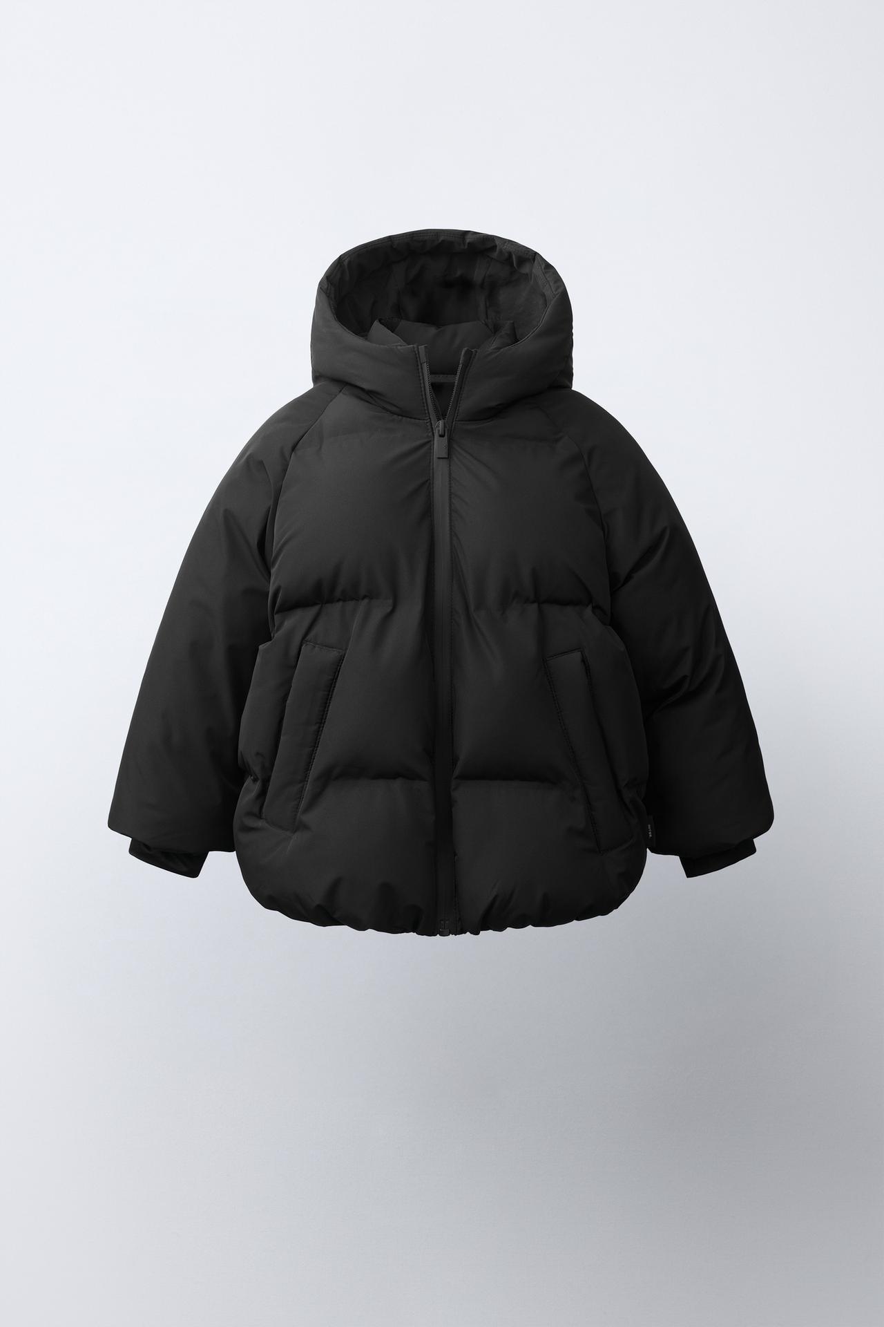 WATER REPELLENT HOODED PUFFER COAT — Black