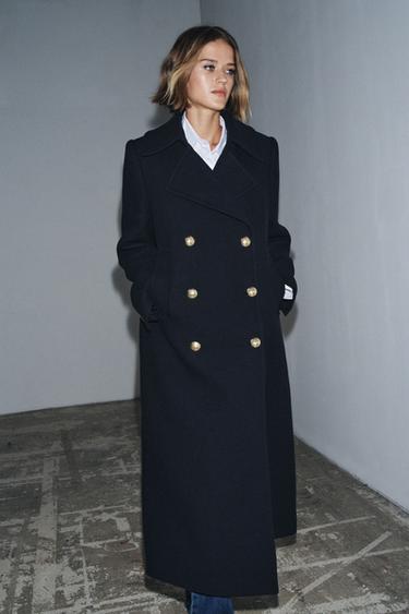 Zara DUGAČKI KAPUT SA MEŠAVINOM VUNE ZW COLLECTION – mornarsko tamnoplava