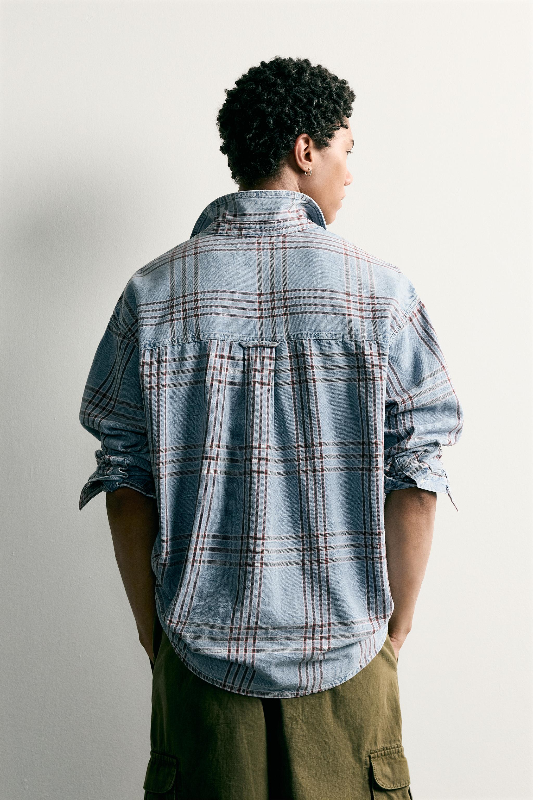 PLAID RELAXED-FIT DENIM SHIRT - Light blue | ZARA Canada