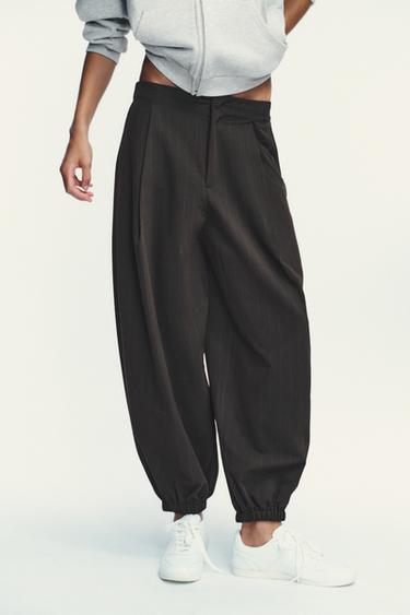 PINSTRIPE PLEATED BALLOON TROUSERS - Brown by Zara