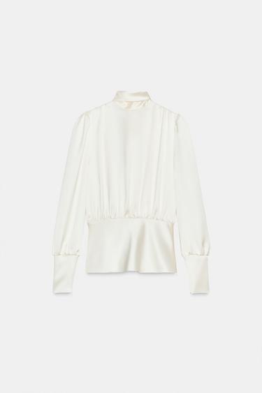 Zara SATIN EFFECT SHIRT WITH TIED BACK - Oyster-white