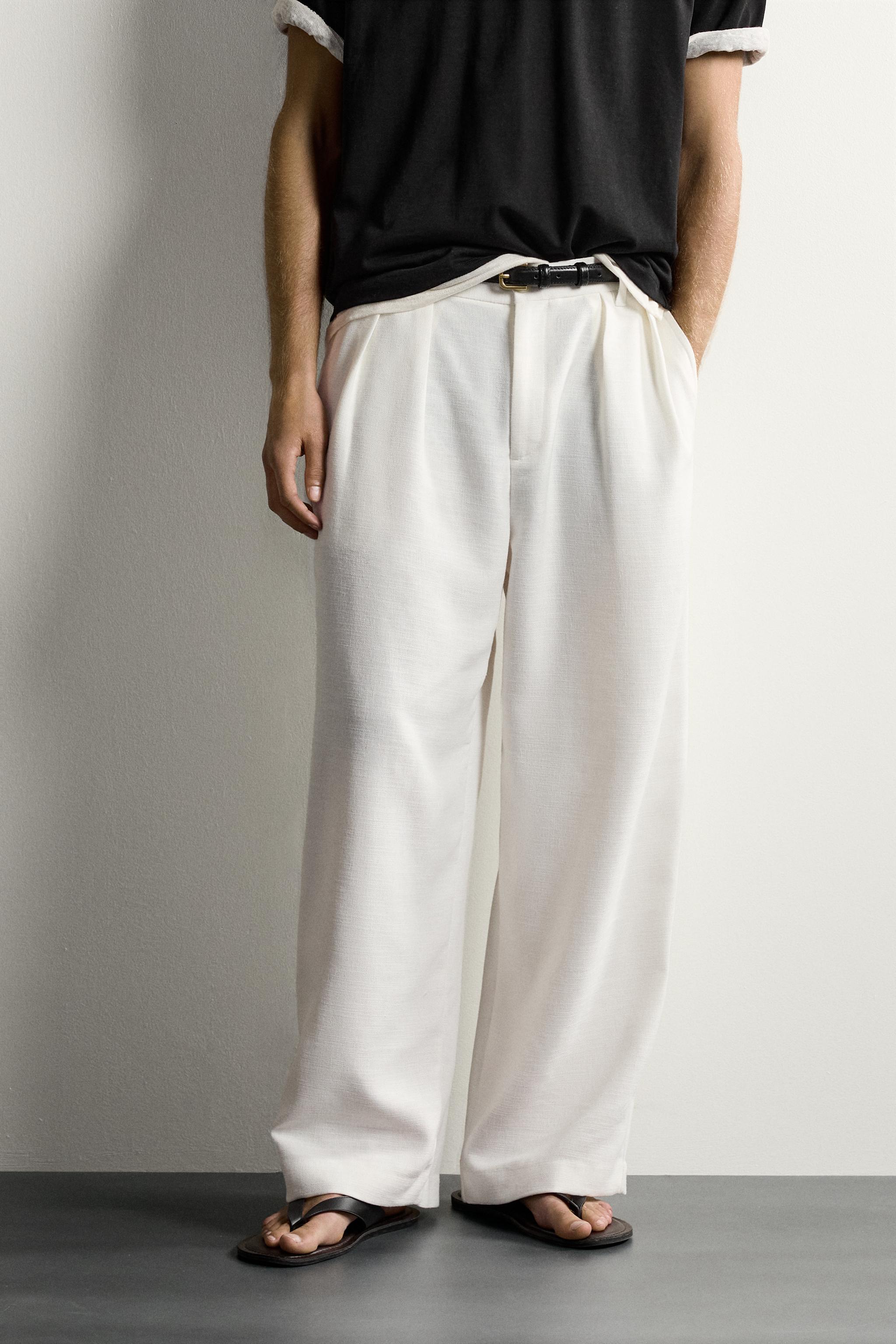 RELAXED FIT STRUCTURED PLEATED PANTS — White