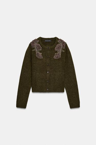 CARDIGAN WITH BEADS - Green by Zara