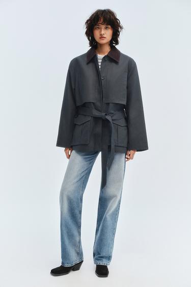 WAXED PARKA WITH CORDUROY COLLAR - Navy blue by Zara