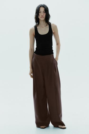 Zara DOUBLE PLEAT FLAP PANTS - Dark brown