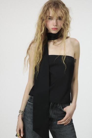 TOP SATINADO FOULARD - Negro de Zara