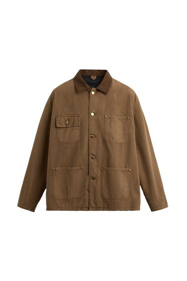 Front view of a brown jacket with a classic collar and four front pockets.