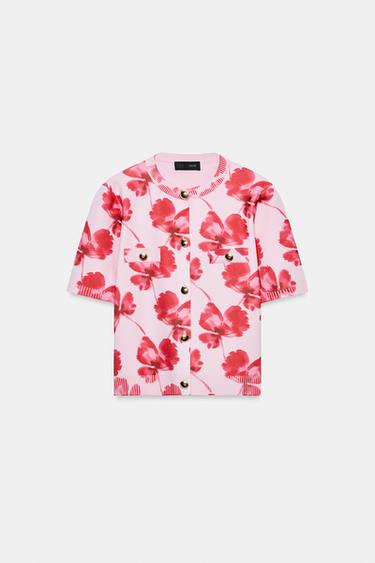 GILET EN MAILLE JACQUARD FLEURS - Rose de Zara - Image 4