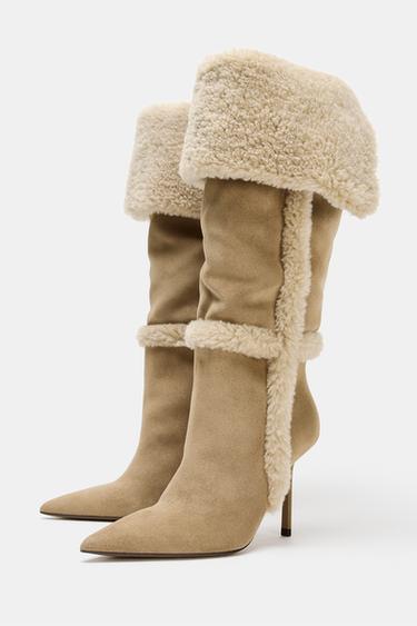 BOTTES À TALONS AVEC COMBINAISON DE MATIÈRES - Beige clair de Zara - Image 2