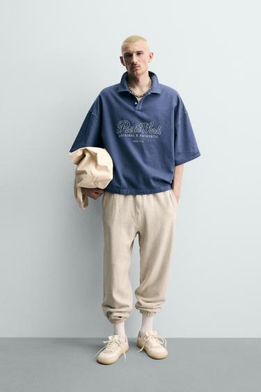 BOXY FIT POLO SHIRT WITH EMBROIDERED TEXT - Blue / Grey by Zara - Image 0