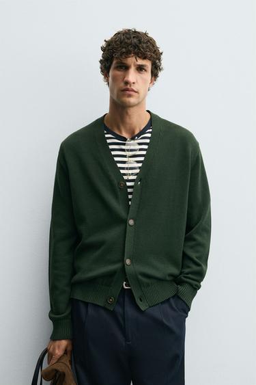 REGULAR FIT COTTON CARDIGAN - Green by Zara