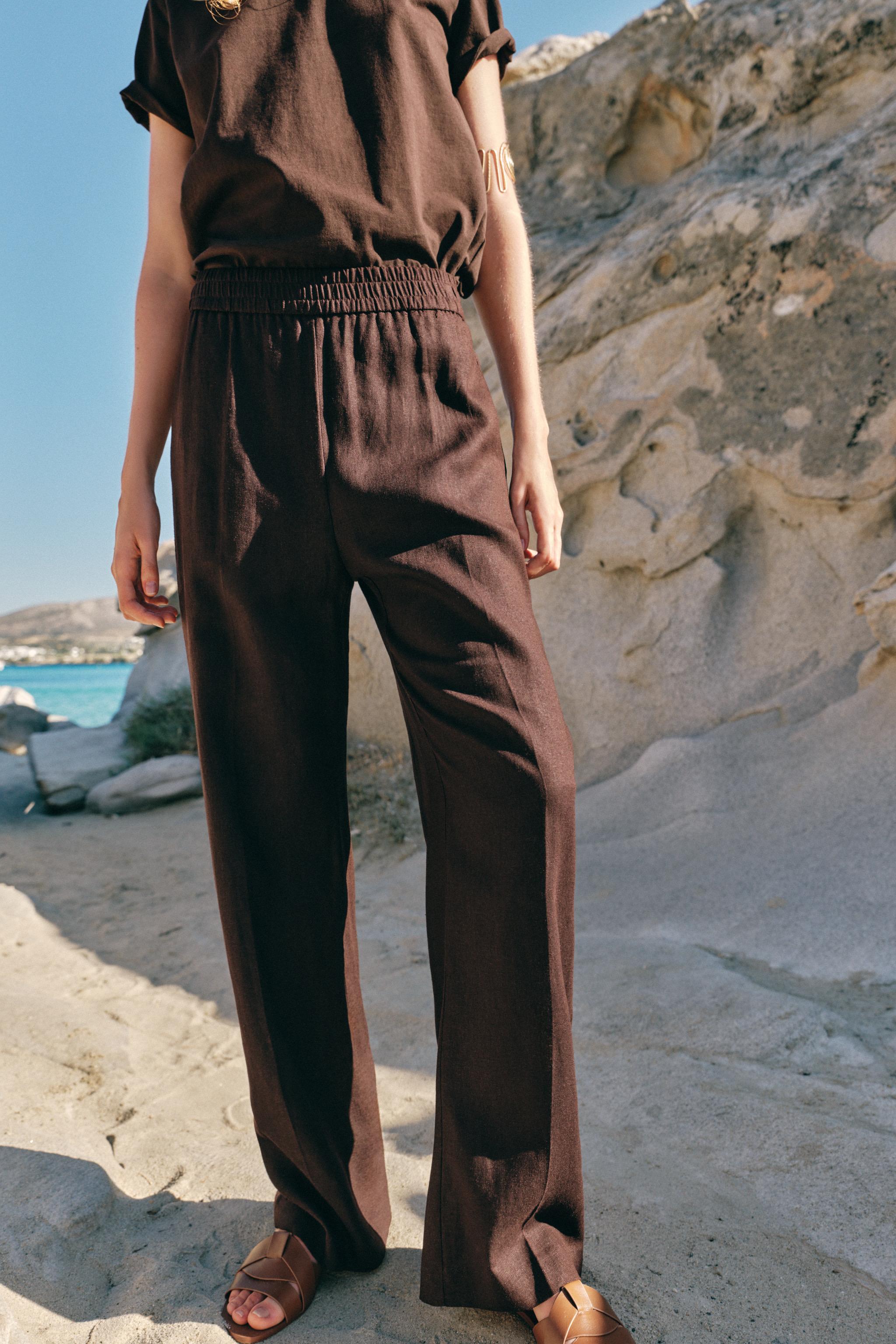 LINEN STRAIGHT LEG PANTS — Dark brown