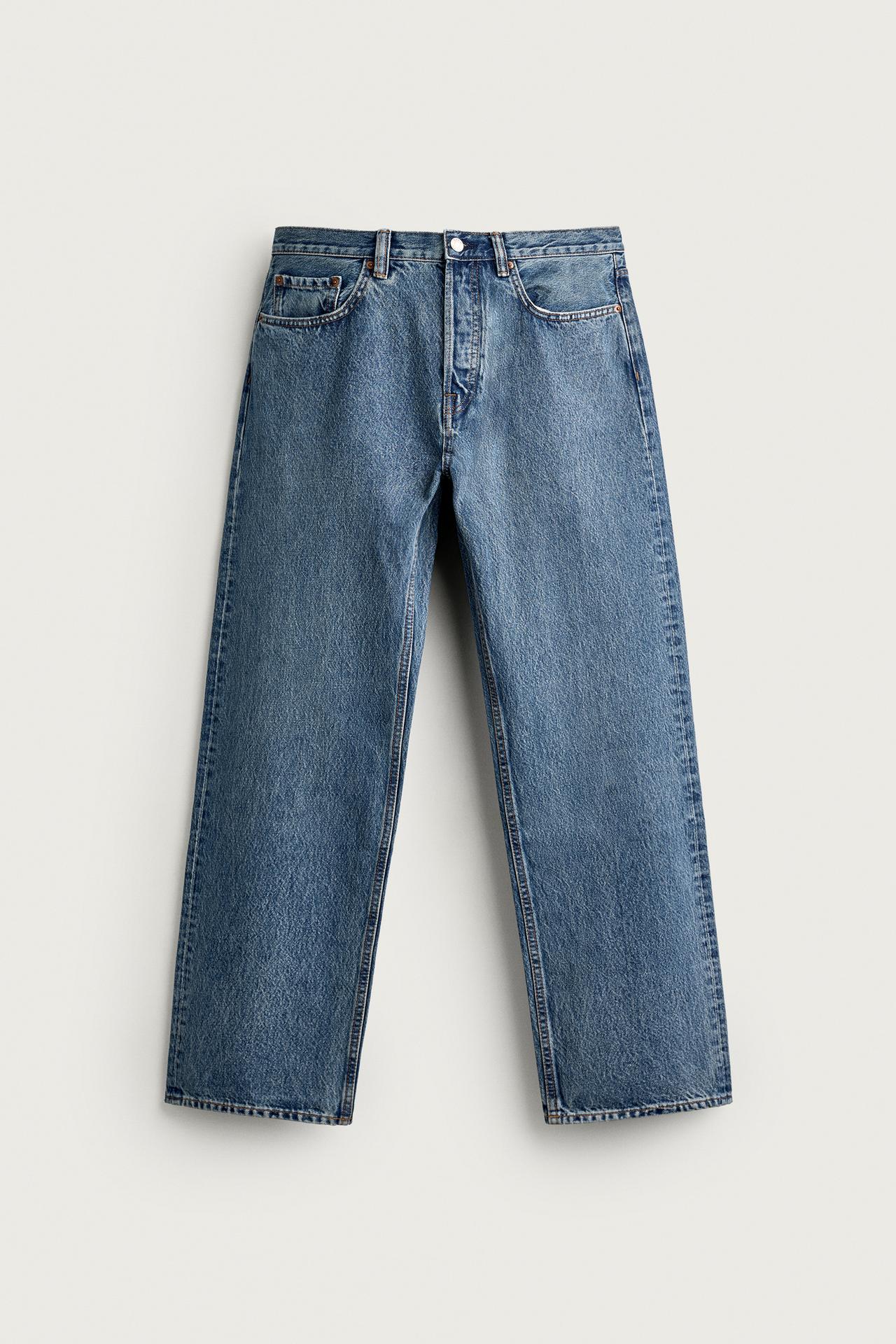 STRAIGHT-FIT LONG-LENGTH JEANS — Mid-blue