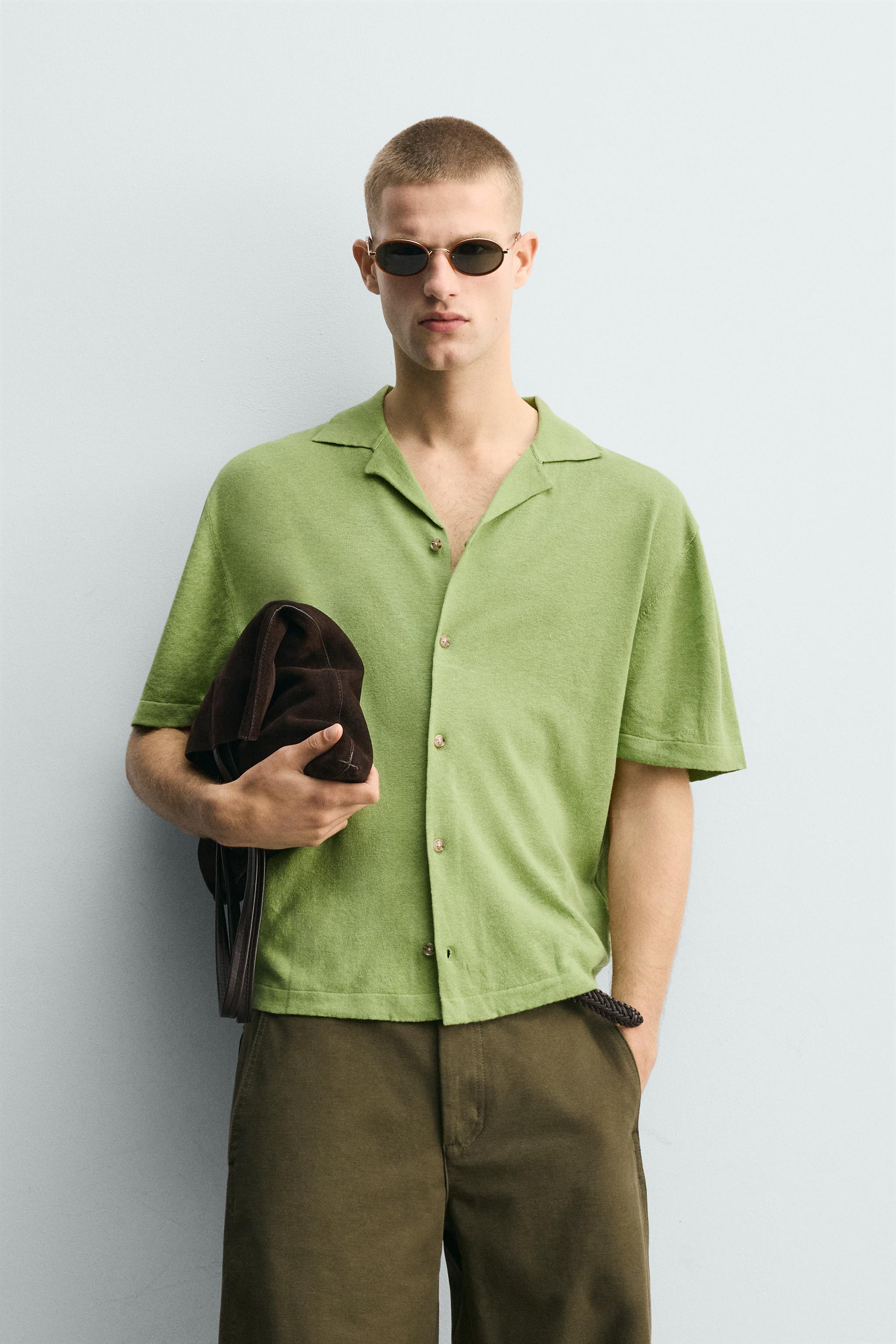 LINEN/COTTON KNIT SHIRT — Light green