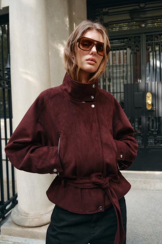 BLOUSON CEINTURE COL EFFET FOURRURE - Aubergine de Zara - Image 5