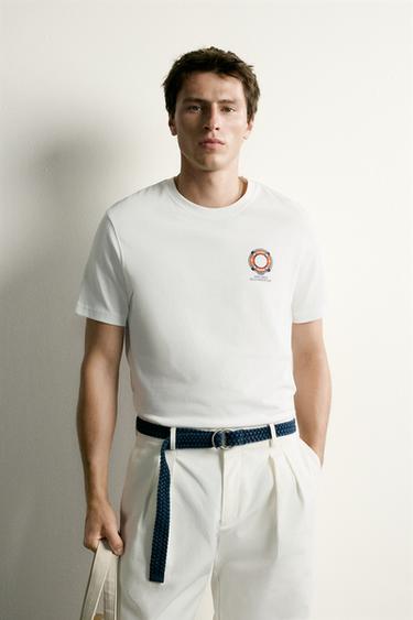 Zara REGULAR FIT COMBINED EMBROIDERED T-SHIRT - Oyster-white