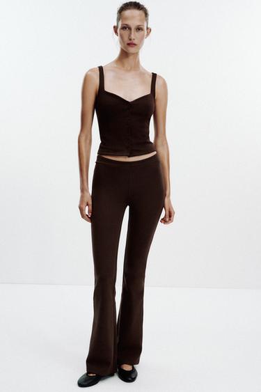 Zara FLARE INTERLOCK PANTS - Brown