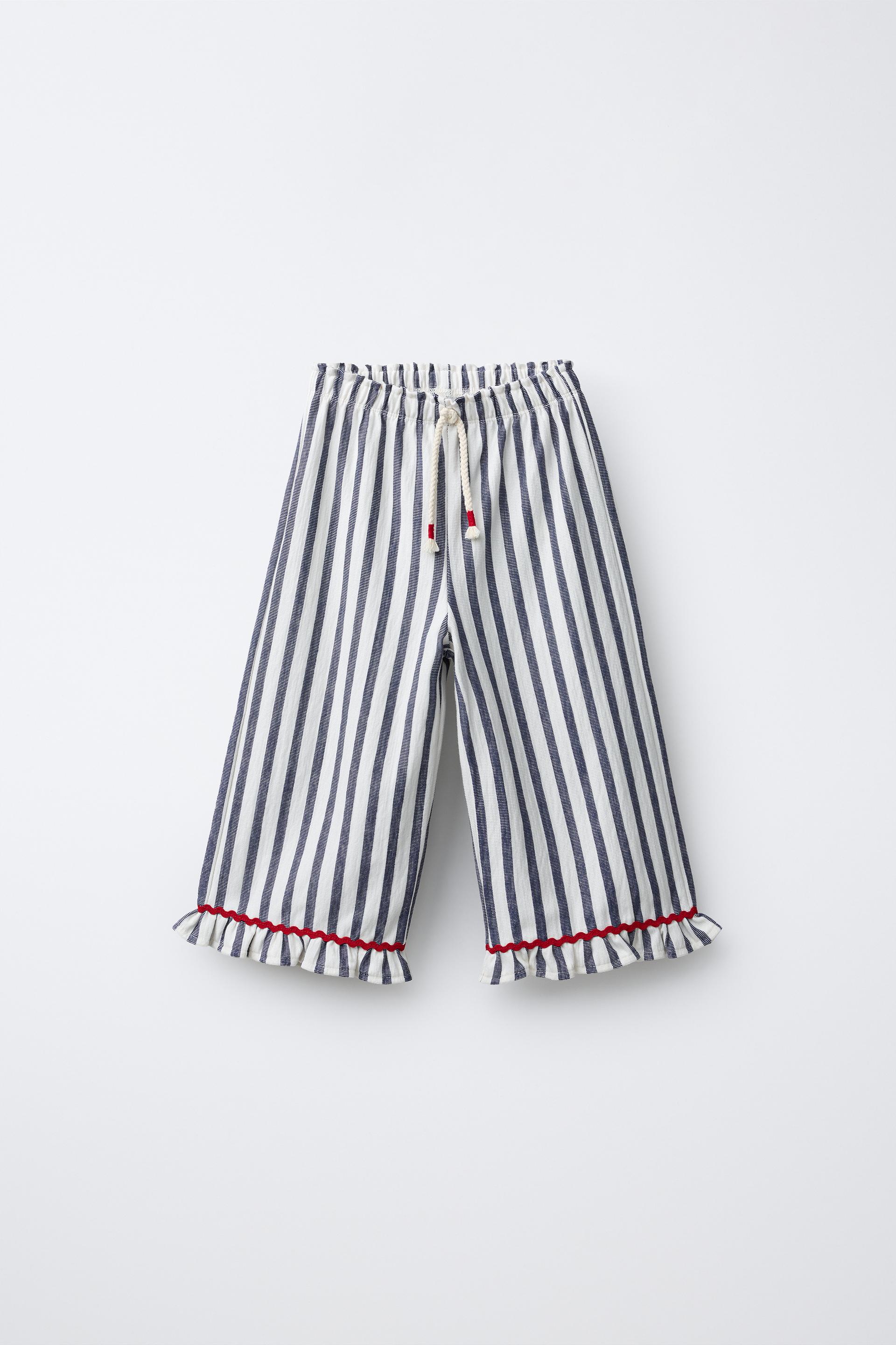Woven Stripe Trousers With Ruffle Trim
