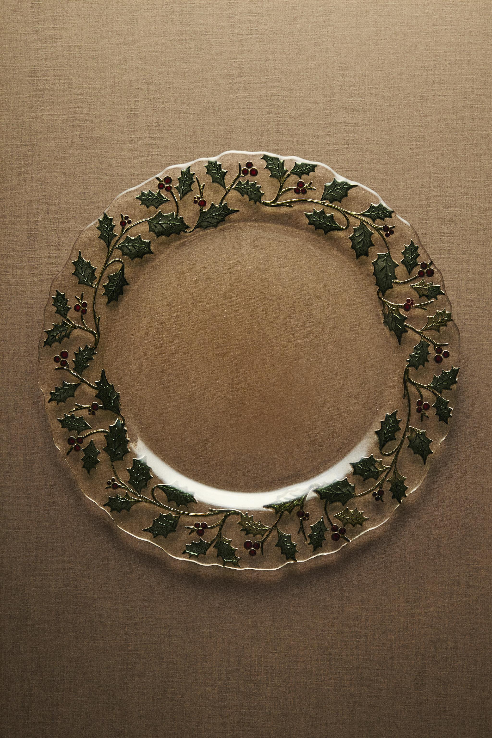 SOUS-ASSIETTE VERRE FEUILLE HOUX NOËL