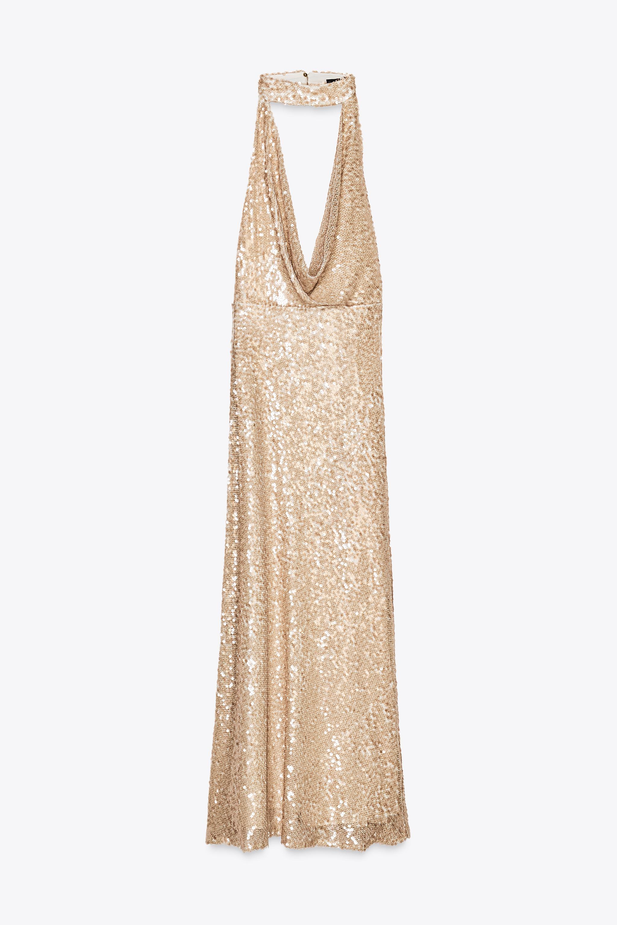 ZARA スパンコールミディ丈ワンピース 3235/865 スパンコールミディ丈ワンピース - ピンクベージュ | ZARA Japan