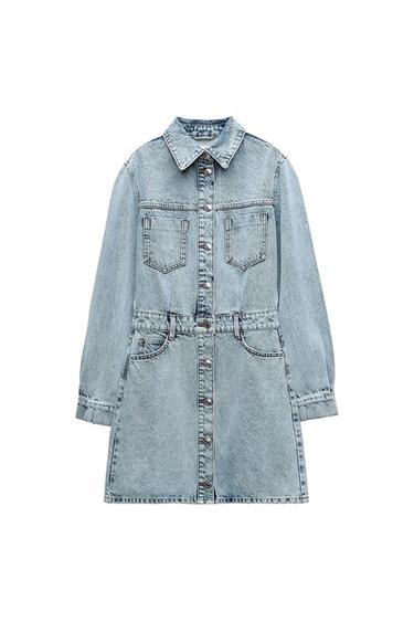 Light blue denim shirtdress with front buttons, chest pockets, and adjustable belt.