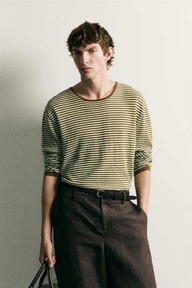 Zara LIGHTWEIGHT STRIPED JACQUARD JUMPER - Brown / Green