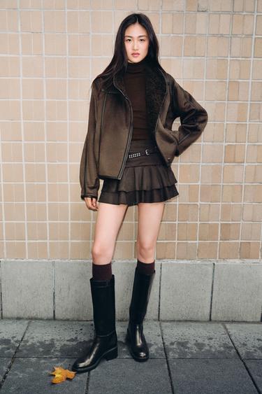 Zara 荷葉邊飾短褲裙 - 棕色