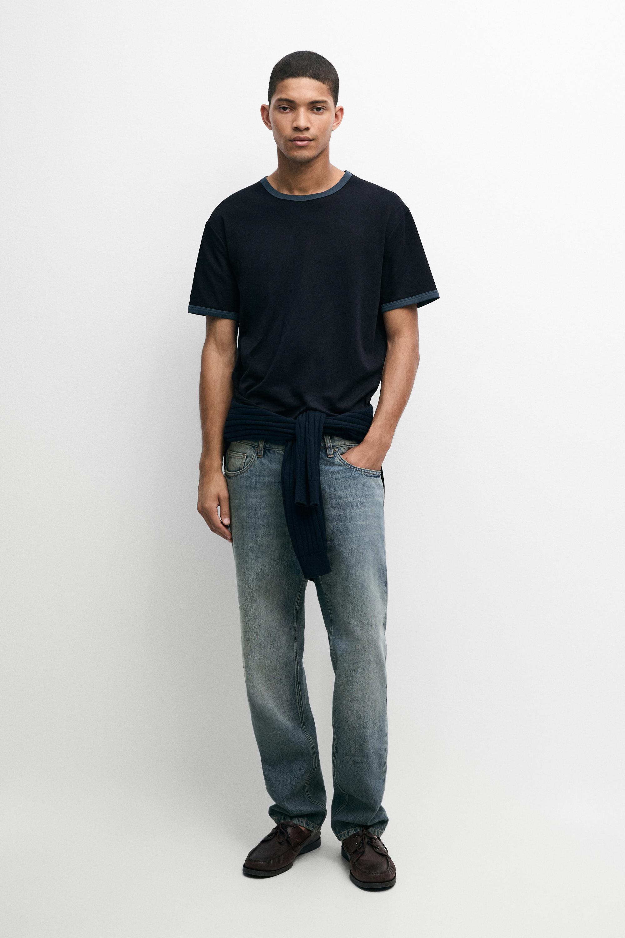100% cotton contrast neck T-shirt — Navy blue