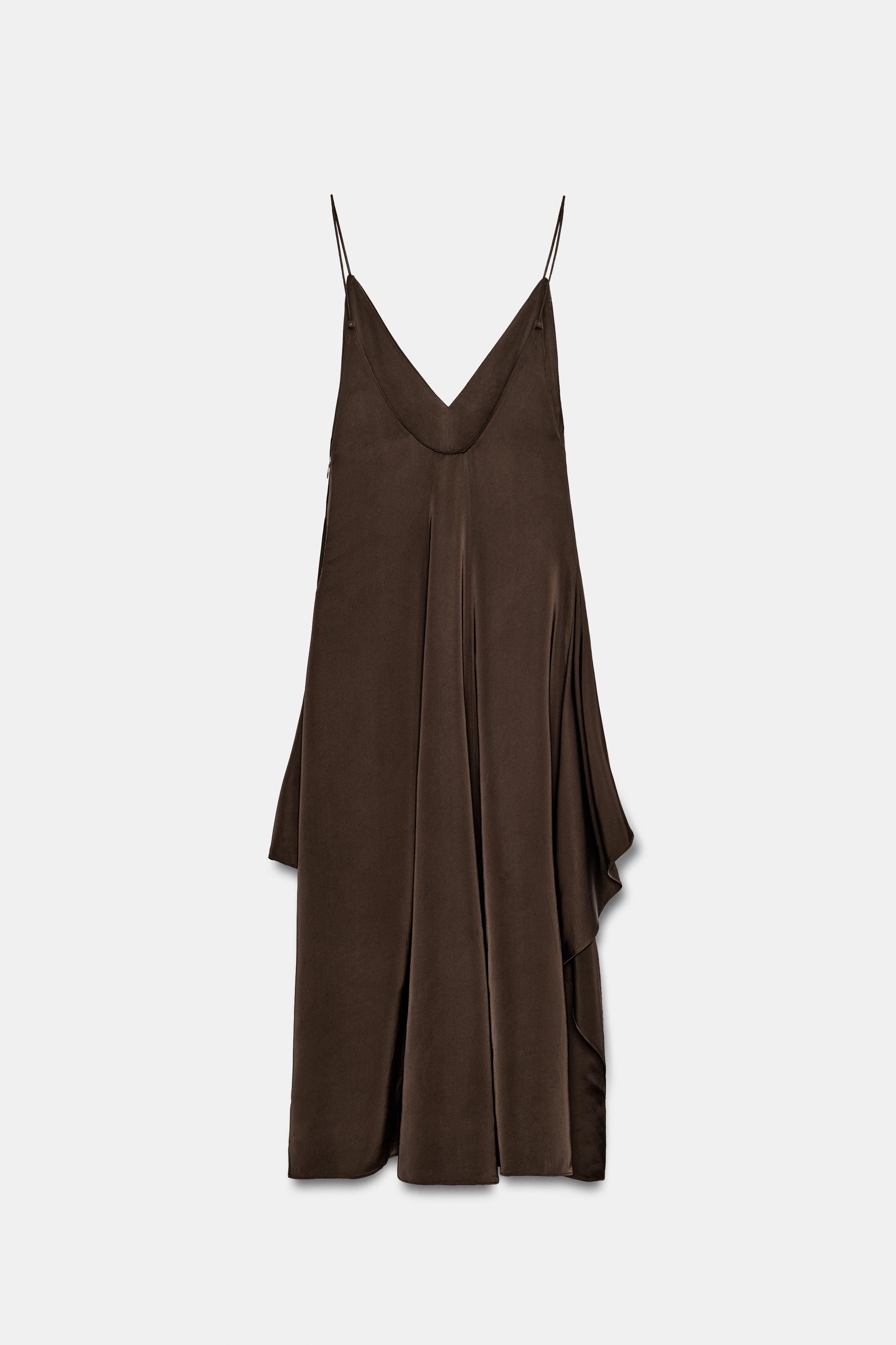 zara brown ruffle dress One Shoulder Shimmer Ruched Full Sleeves Maxi Dress main image 0