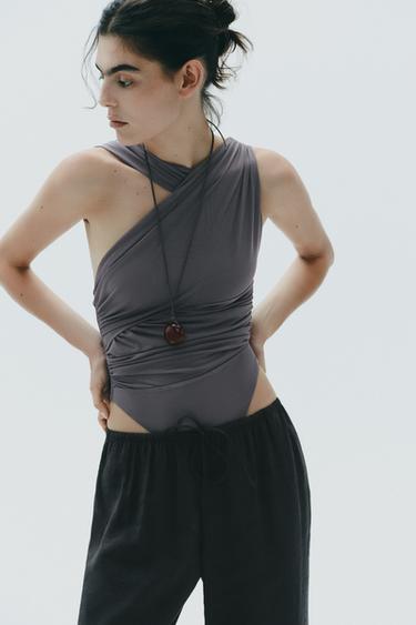 BODY DRAPÉ ASYMÉTRIQUE EN TULLE - Gris anthracite de Zara