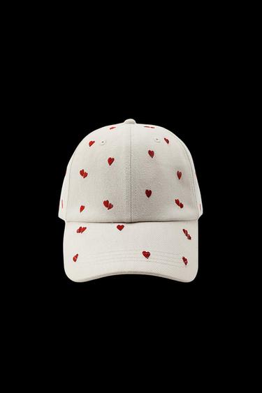 Zara TWILL CAP WITH EMBROIDERED HEARTS - Ecru - Image 0