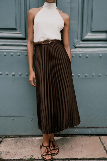 ROBE MIDI COMBINÉE PLISSÉE - Marron de Zara - Image 1