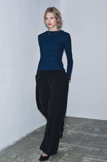 CREPE HIGH NECK T-SHIRT - Navy blue by Zara