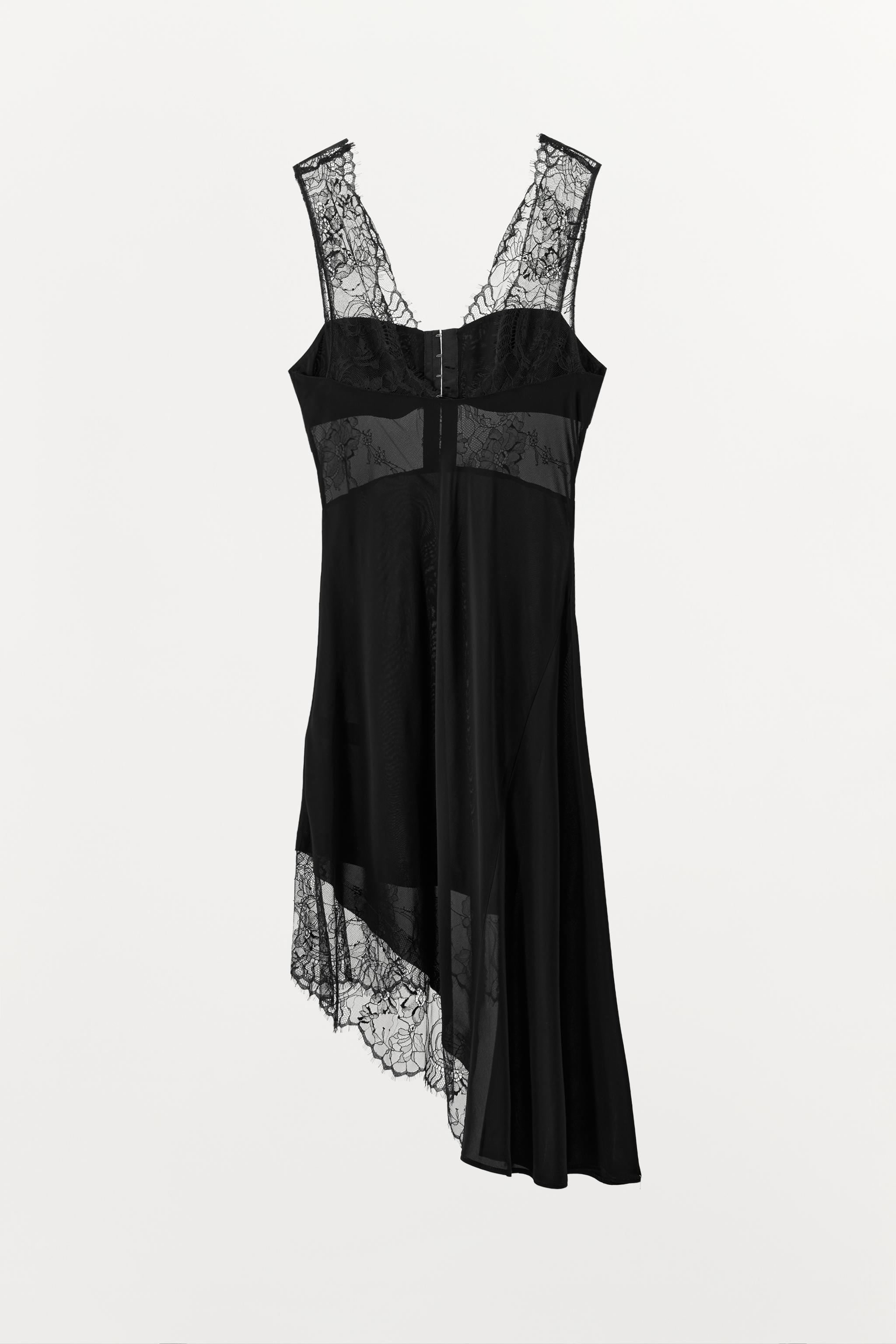 SATIN EFFECT ASYMMETRICAL LACE DRESS