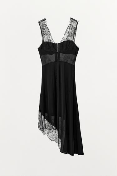 SATIN ASYMMETRIC LACE DRESS - Black by Zara - Image 4
