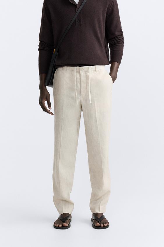 Men's Trousers Pants Light Fabric Striped Beige
