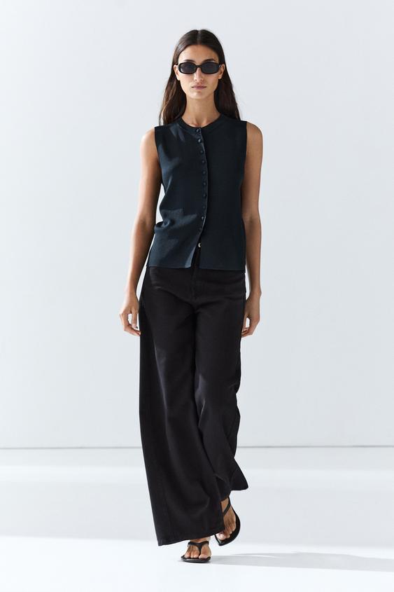 Gilet en maille fine à boutons recouverts - Bleu marine de Zara - Image 0