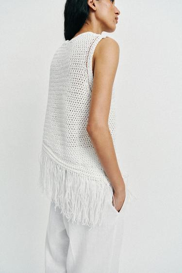 KNIT TOP WITH FRINGING - White by Zara - Image 5