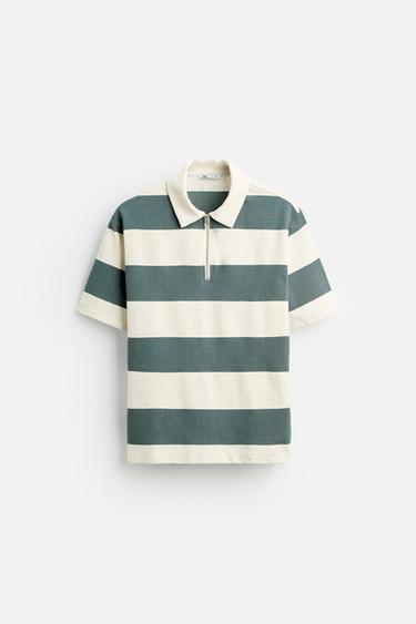 TEXTURED WEAVE POLO SHIRT WITH ZIP - Green / Ecru by Zara