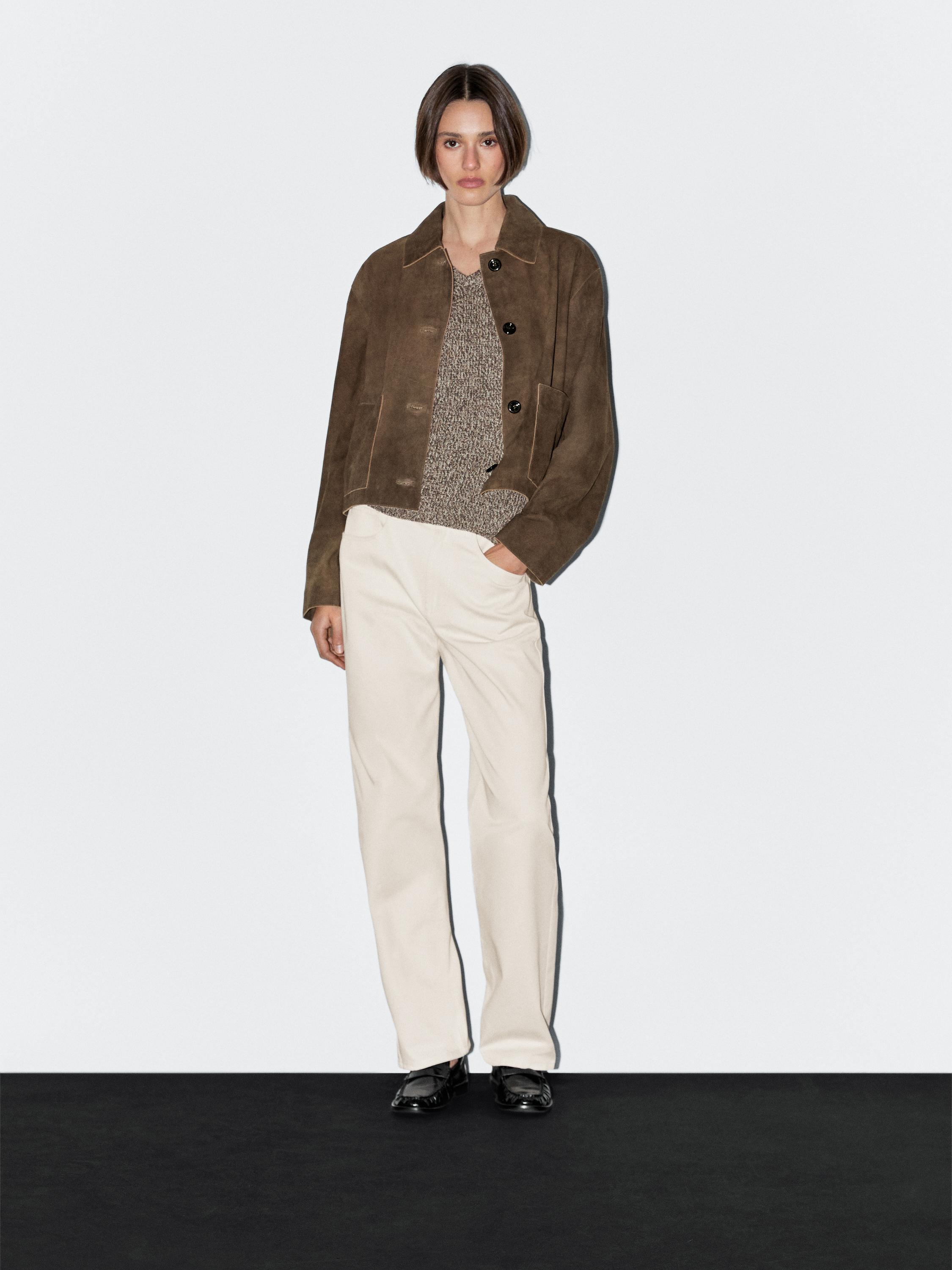 Short suede leather jacket with pocket details