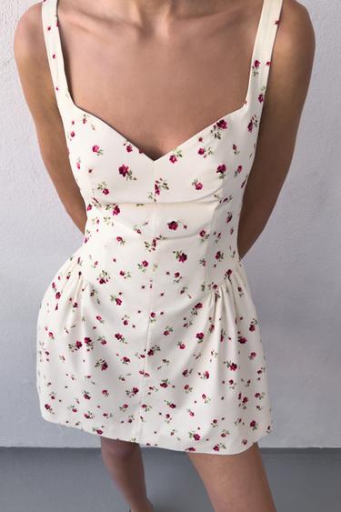 Zara FLORAL PRINT VOLUME DRESS - Ecru / Red
