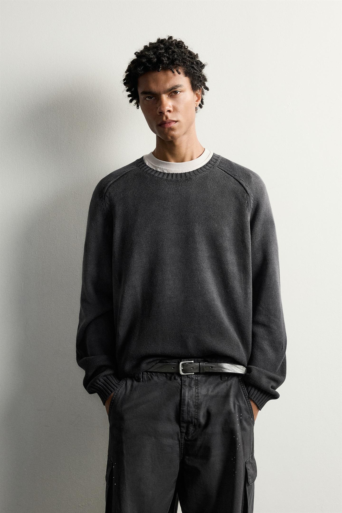 Мужской свитер Zara 100% Cotton Washed-Effect, цвет: Чёрный — фото 2