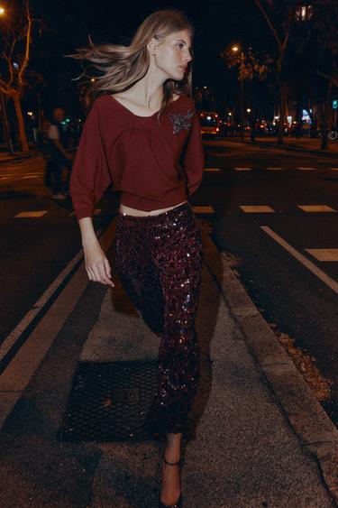 АСИМЕТРИЧНИЙ ТРИКОТАЖНИЙ СВЕТР ЗІ СТРАЗАМИ - Каштановий Zara