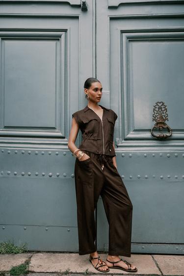 LINEN BLEND TROUSERS WITH BEADED DRAWSTRING - Brown by Zara