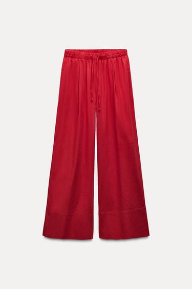 Zara LINEN BLEND PANTS ZW COLLECTION - Dark red