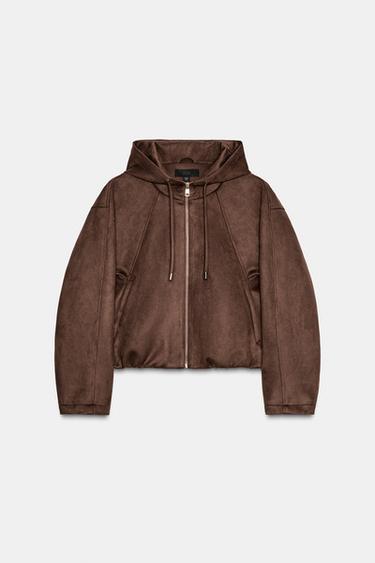 Zara 人造麂皮連帽飛行員外套 - 棕色