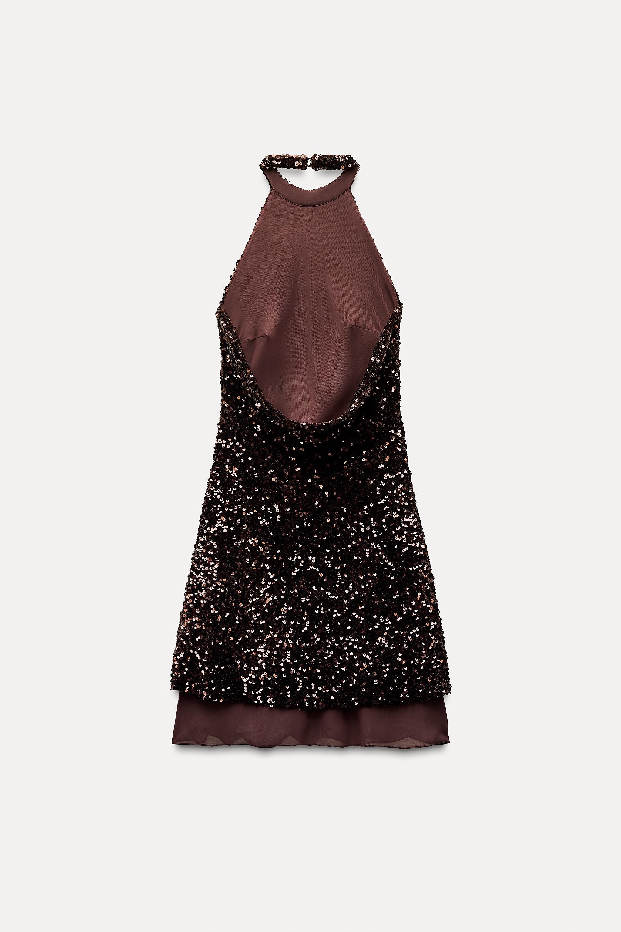 Authentic NWT Zara Chocolate Brown Sequin Mini Dress.