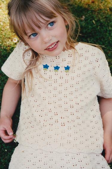 EMBROIDERED CROCHET KNIT T-SHIRT - Ecru by Zara